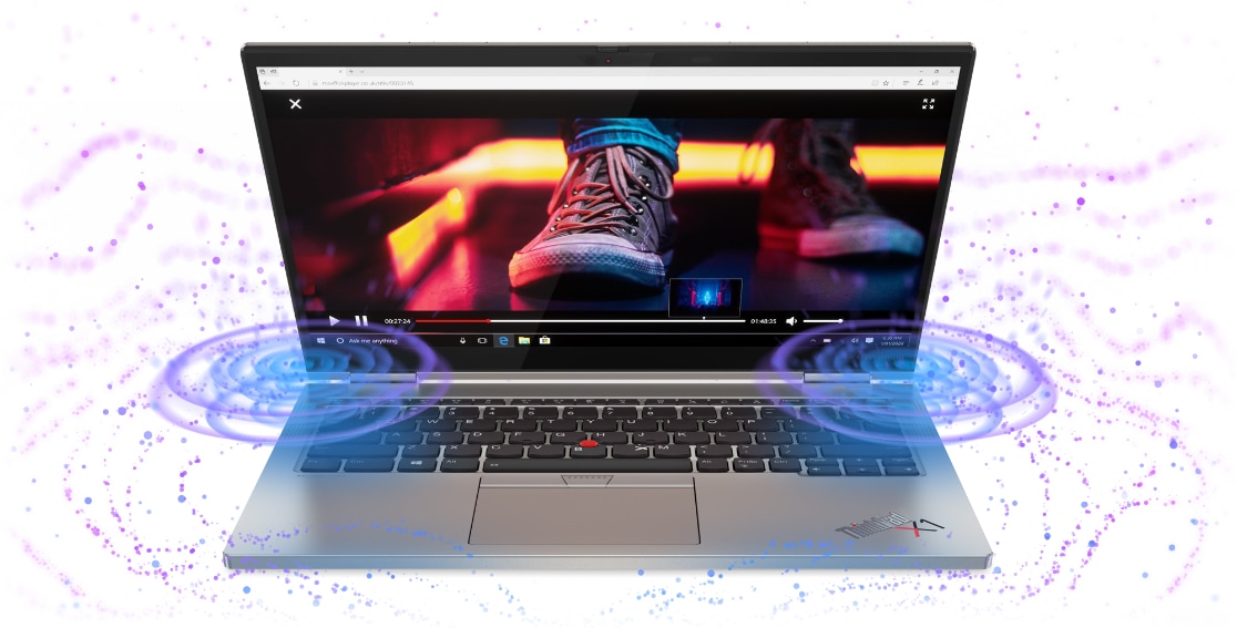 Lenovo ThinkPad X1 Titanium Yoga laptop with Dolby Atmos Speaker System, with swirls suggesting sound of upward facing speakers. 