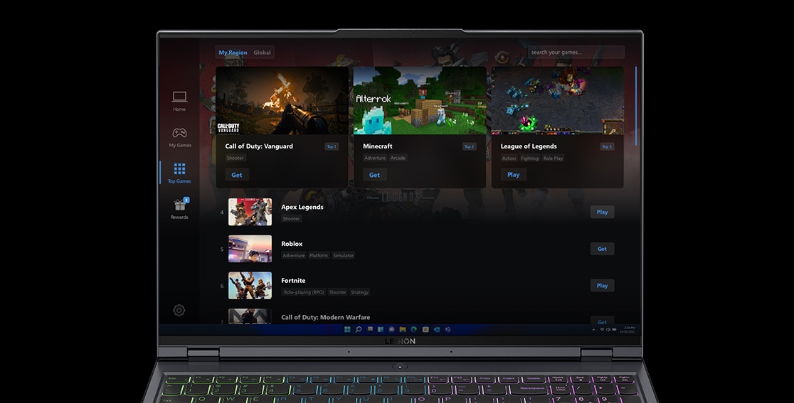 Vue avant de l’ordinateur portable de gaming Lenovo Legion 5i Pro Gen 7 (16 '' Intel), ouvert, montrant le clavier et l’écran 