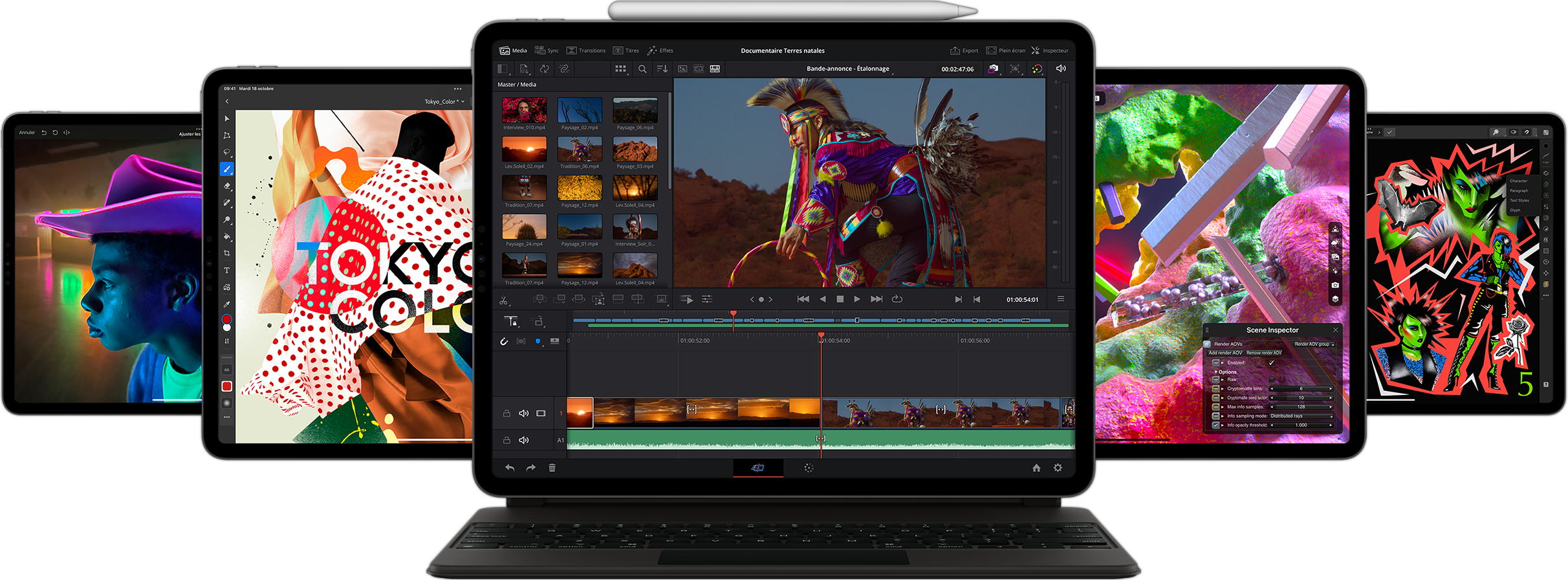 Vue avant d'un iPad Pro avec Smart Keyboard Folio et Apple Pencil fixé au sommet affichant l'app Resolve pour iPad ainsi que d'autres iPad disposés à l'arrière