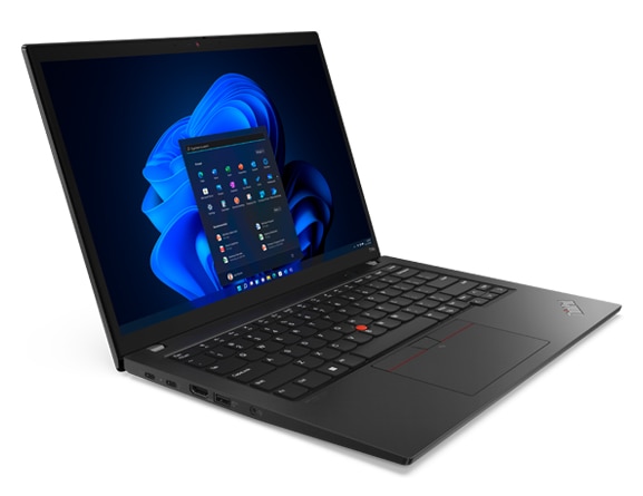 Left-side, front facing view of ThinkPad T14s Gen 3 (14” Intel), showing display and keyboard 