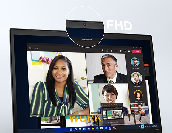 Front-facing view of ThinkPad T14s Gen 3 (14” Intel)’s display, with online conference call in progress and close-up of webcam
                                                            