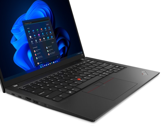 Left-side, front facing view of ThinkPad T14s Gen 3 (14” Intel), showing display and keyboard 