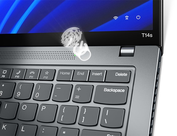 Front-facing view of ThinkPad T14s Gen 3 (14” Intel), showing close-up of Power-On touch fingerprint reader and display 