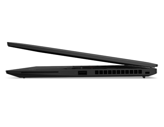 Left-side view of ThinkPad T14s Gen 3 (14” Intel), slightly opened, showing edge of front cover and ports 