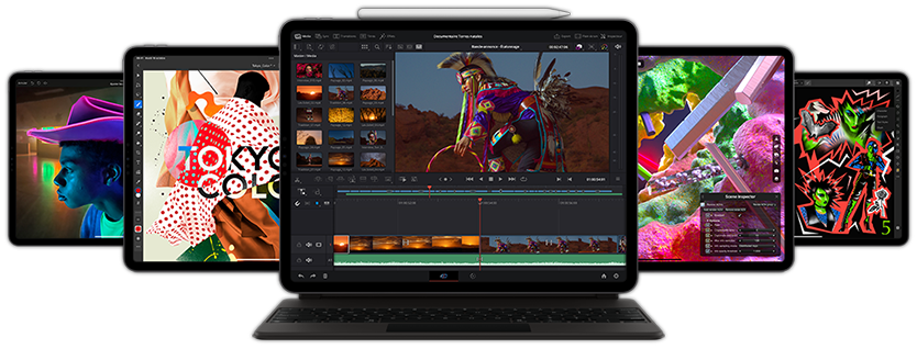 Vue avant d'un iPad Pro avec Smart Keyboard Folio et Apple Pencil fixé au sommet affichant l'app Resolve pour iPad ainsi que d'autres iPad disposés à l'arrière