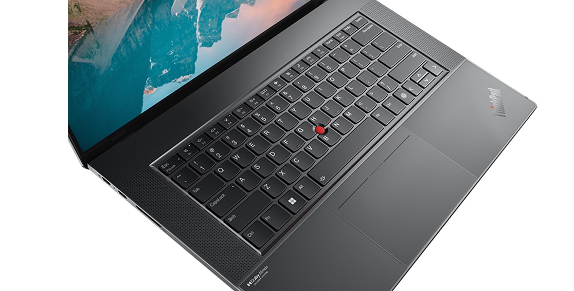 Detail of keyboard and user-facing speakers on the Lenovo ThinkPad Z16 laptop.