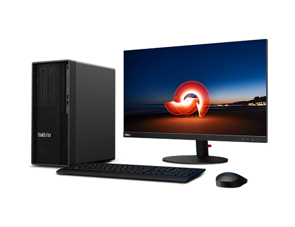 Lenovo ThinkStation P350 Tower workstation—left side profile view with optional monitor, keyboard, and mouse 