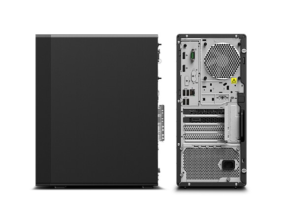 Lenovo ThinkStation P350 Tower workstation—right side profile next to image of back with ports and fans 