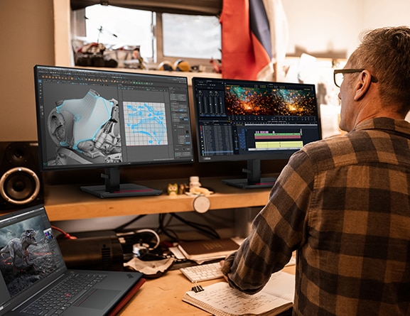 Personne à un bureau travaillant avec des applications de création multimédia sur la station de travail mobile Lenovo ThinkPad P1 Gen 5 connectée à deux moniteurs.
                                                        