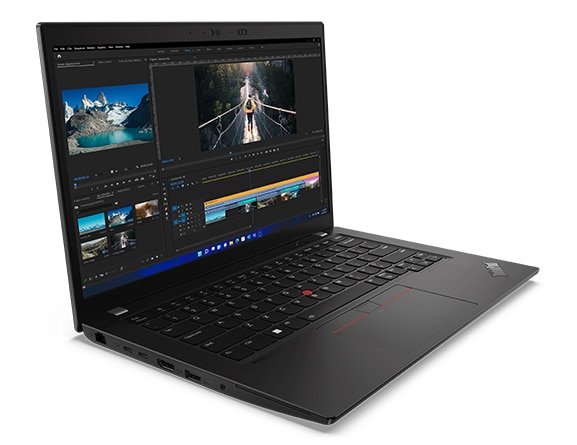 Vue latérale gauche du Lenovo ThinkPad L14 Gen 3 (14 '' AMD), ouvert, montrant le clavier, l’écran et les ports 