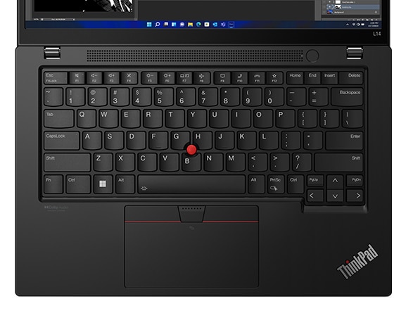 Vue aérienne du Lenovo ThinkPad L14 Gen 3 (14'' AMD), ouvert, montrant le clavier et le grand TrackPad