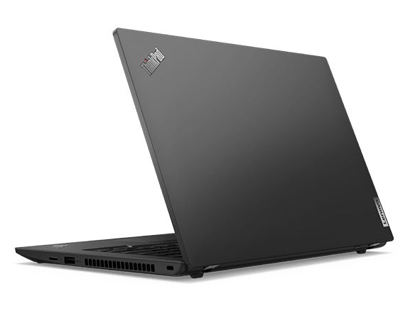 Vue latérale arrière du Lenovo ThinkPad L14 Gen 3 (14 '' AMD), légèrement ouvert, montrant le capot supérieur et une partie du clavier 