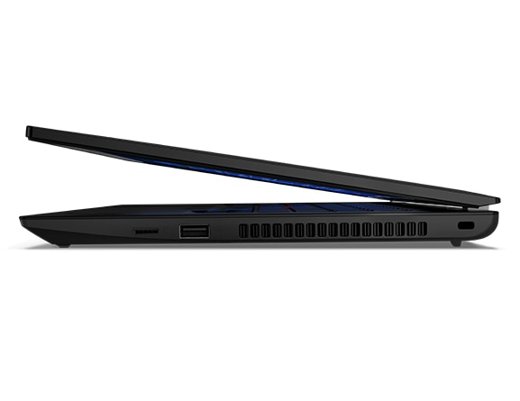 Vue latérale gauche du Lenovo ThinkPad L14 Gen 3 (14'' AMD), légèrement ouvert, montrant le bord du capot supérieur et les ports