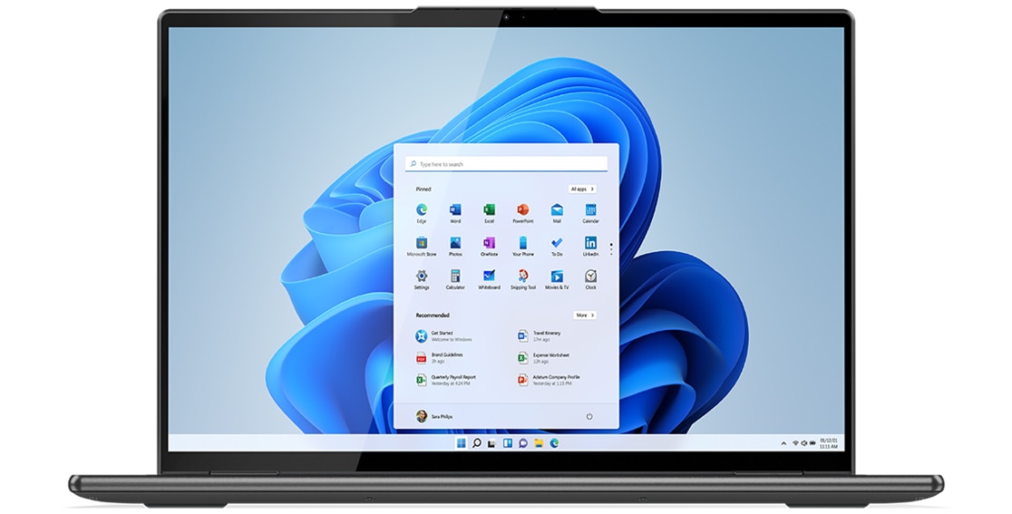 Yoga 7i Gen 7 (16 '' Intel) de face, avec Windows 11 à l’écran. 