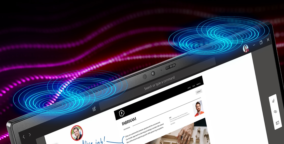 Close-up of Communications Bar on the Lenovo ThinkPad X1 Carbon Gen 10 laptop with focus on mics and Dolby Voice®.