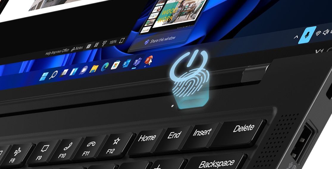 Detail of fingerprint reader integrated with power button on the Lenovo ThinkPad X1 Carbon Gen 10 laptop. 