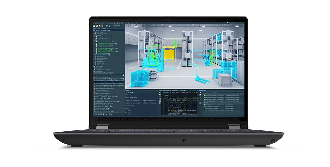 Side view of ThinkPad P16s mobile workstation, opened 180-degrees, vertically, showing display, keyboard, and ports