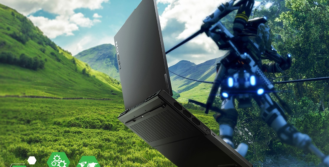 Scène de jeu vidéo animée d’un paysage verdoyant vallonné, d’un portable de gaming Lenovo Legion Pro 7 Gen 8 