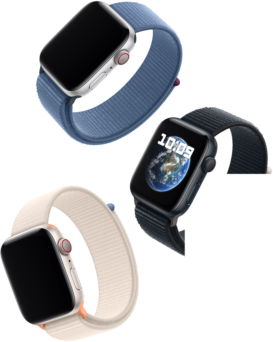 Vue avant de plusieurs Apple Watch SE affichant différents écrans d'apps actualisées.