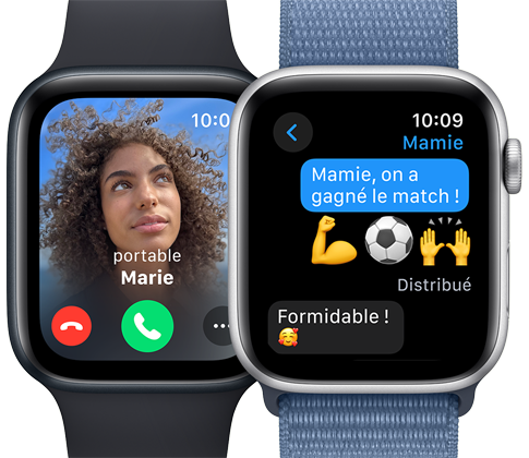 Deux écrans d'Apple Watch SE. L'un affichant un appel entrant. L'autre, un fil de discussion dans Messages.