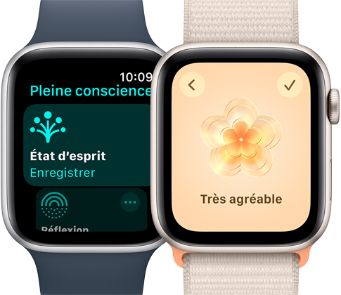 Deux modèles d'Apple Watch SE. L'un des deux affiche l'écran de l'app Pleine conscience avec la mise en évidence de la fonctionnalité État d'esprit. L'autre affiche l'état d'esprit « Très agréable » sélectionné.