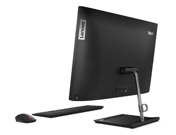 Vue arrière du PC de bureau tout-en-un Lenovo ThinkCentre Neo 30a montrant l’écran de 68,58 cm (27''), le socle permettant de gagner de l’espace, le clavier et la souris (tous deux vendus séparément)