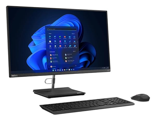 Vue latérale du PC de bureau tout-en-un Lenovo ThinkCentre Neo 30a montrant l’écran de 68,58 cm (27''), le socle permettant de gagner de l’espace, le clavier et la souris (tous deux vendus séparément)