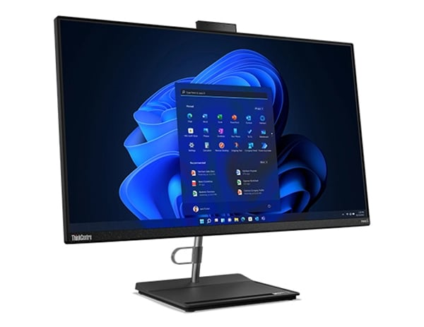 Vue latérale gauche du PC de bureau tout-en-un Lenovo ThinkCentre Neo 30a montrant l’écran de 68,58 cm (27'') avec Windows 11 et le socle permettant de gagner de l’espace