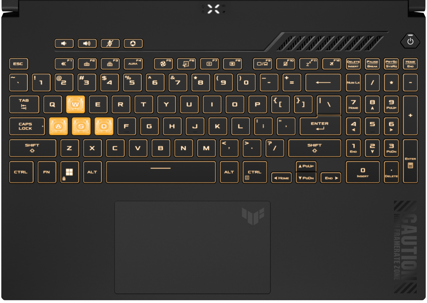 Gros plan sur le clavier, avec les touches éclairées en jaune.