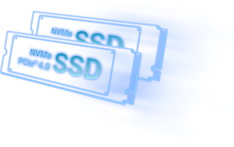 Schéma en 2D de deux SSD NVMe PCIe Gen 4, sur fond noir.