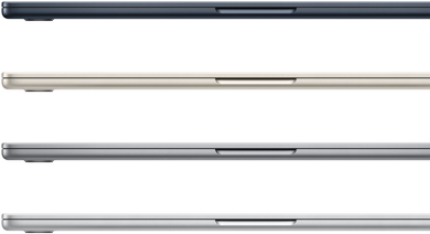 Quatre portables MacBook Air montrant les finitions disponibles : minuit, lumière stellaire, gris sidéral et argent