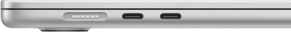 Port MagSafe situé du côté gauche, le plus en arrière sur l'appareil. Deux ports Thunderbolt situés du côté gauche, devant le port MagSafe
