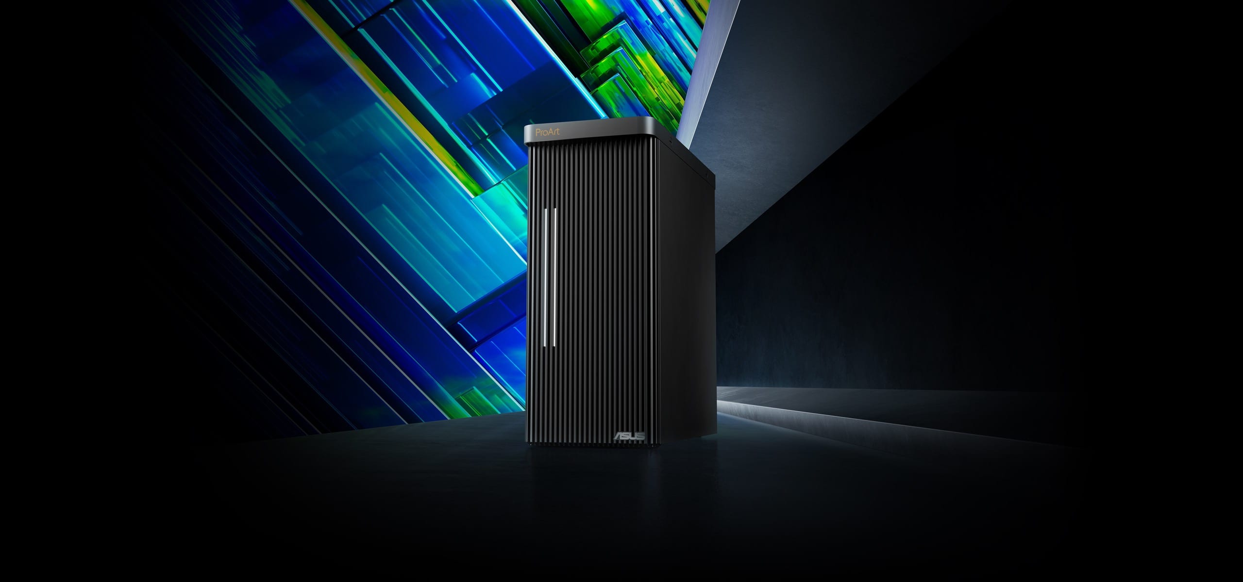 ProArt Station PD500TE set against a colorful backdrop