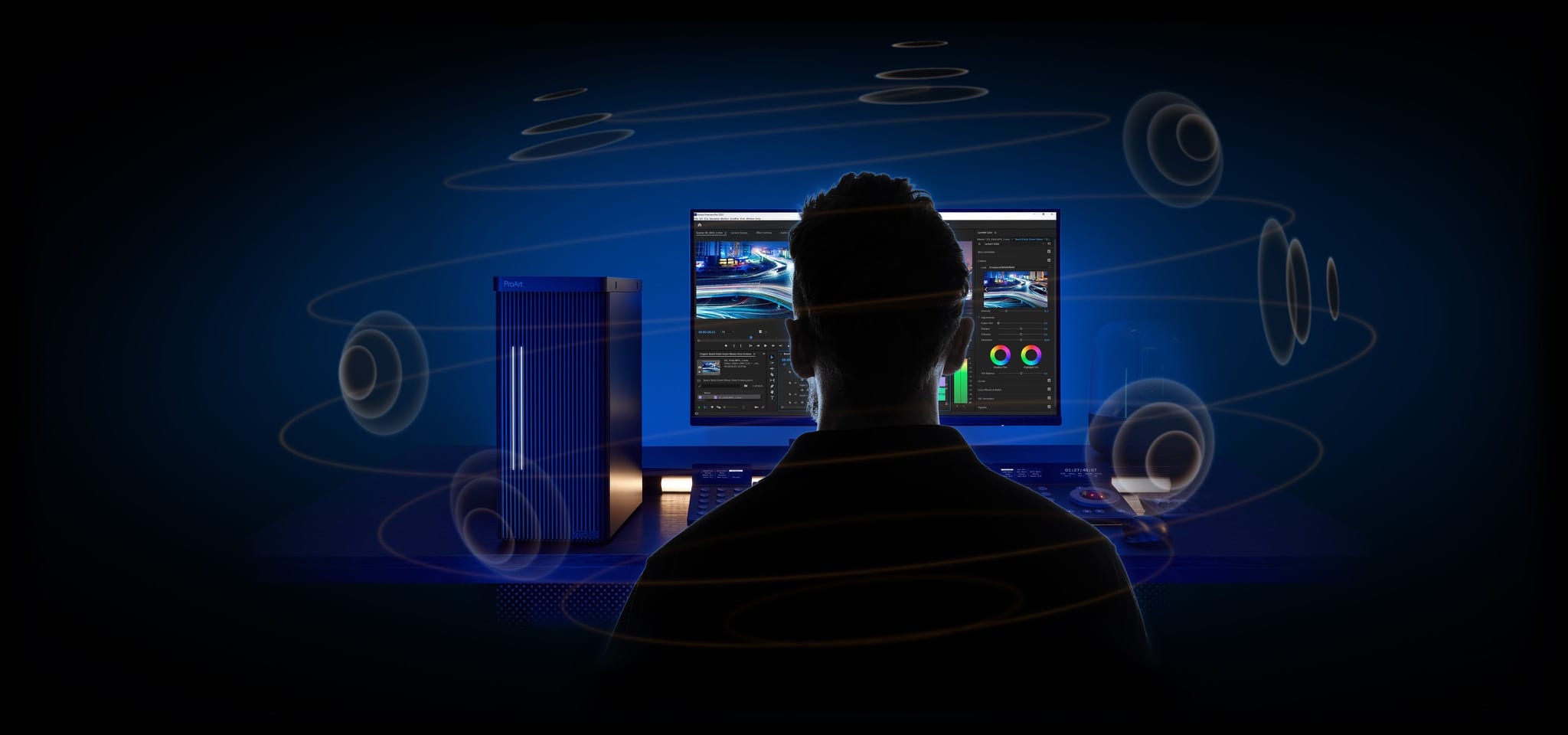 A graphic showing the 3D spatial sound effect of ProArt Station. 