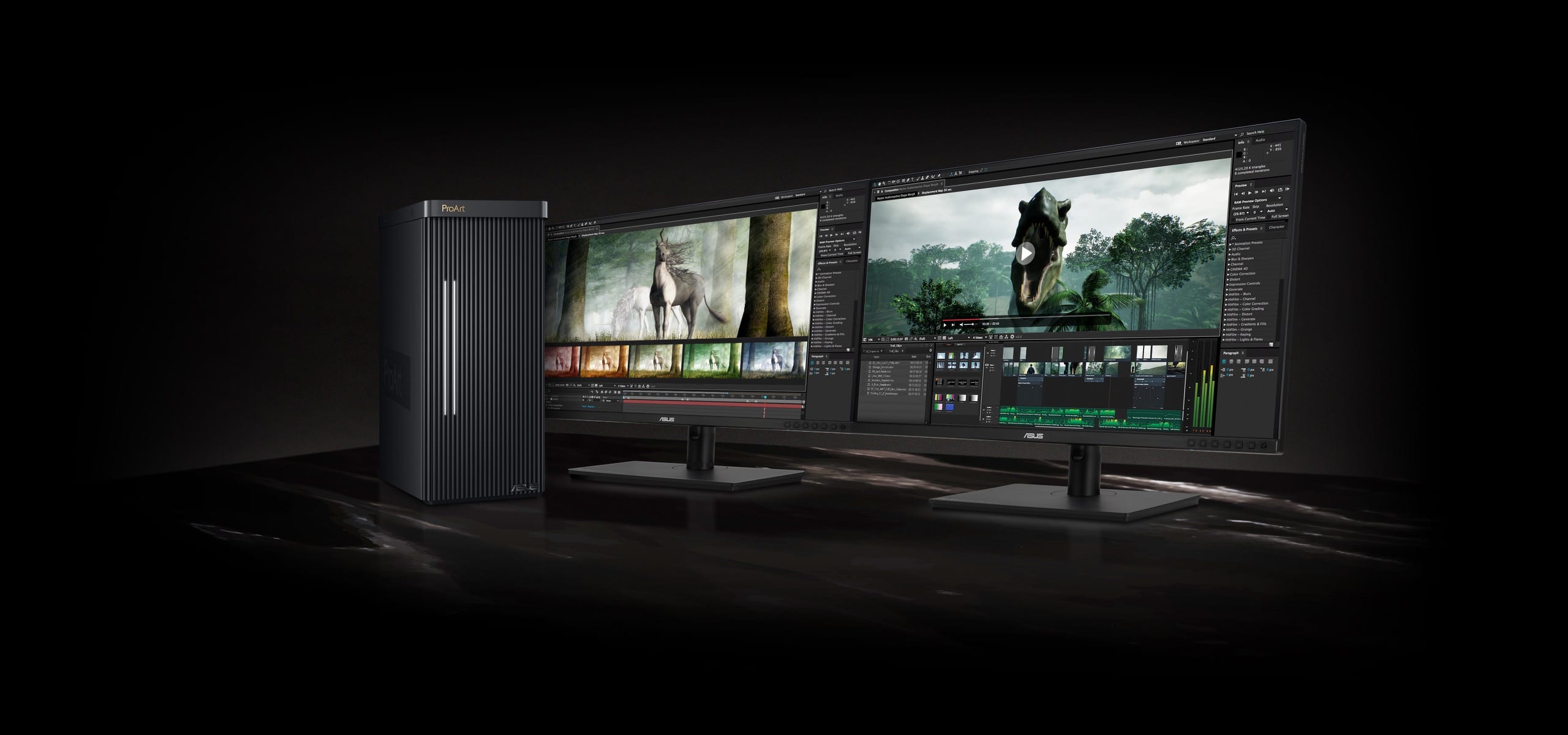 A ProArt Station PD500TE connected to two ProArt Displays, animation video editing programs can be seen onscreen