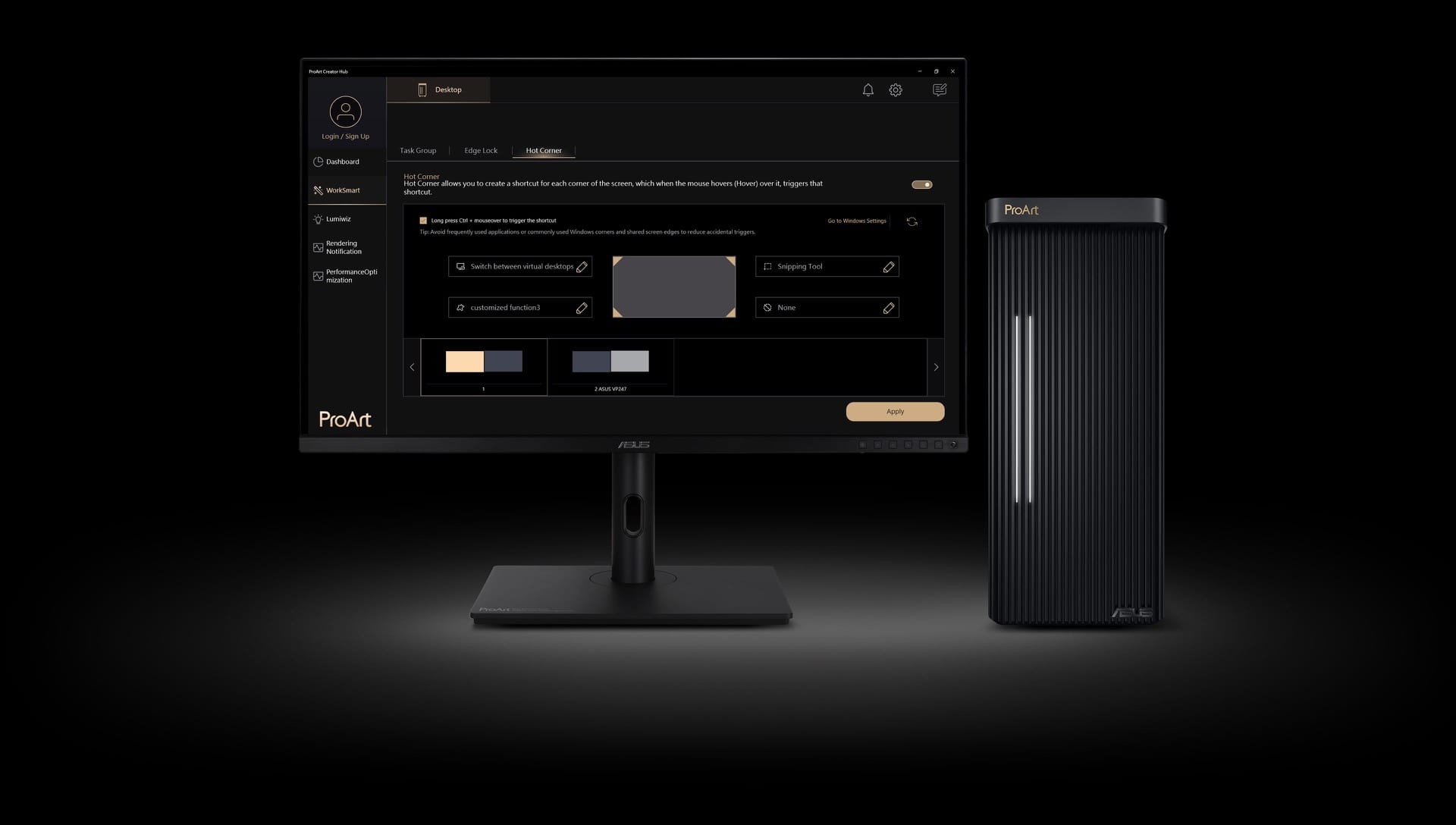 A ProArt Station PD500TE is connected to ProArt Display, with the ProArt Creator Hub 2.0 UI shown onscreen.