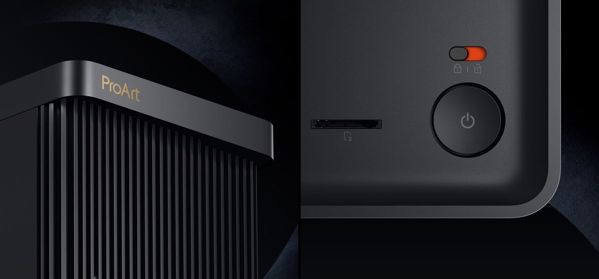 The left photo shows the built-in handle of ProArt Station. The right image shows the physical latch for the power button.