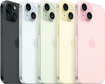 iPhone 15, vue du dos montrant le système photo avancé et le verre teinté dans la masse dans toutes les finitions : noir, bleu, vert, jaune, rose.
