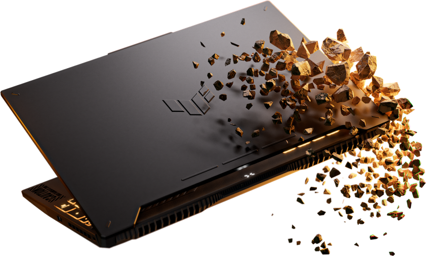 TUF Gaming F15, avec une pierre brisée sur le coin du châssis.