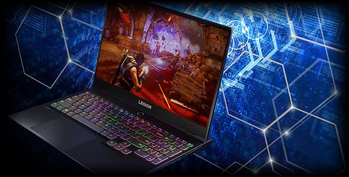 Portable pour gamer Lenovo Legion Slim 7 (15'' AMD), vue de devant côté gauche