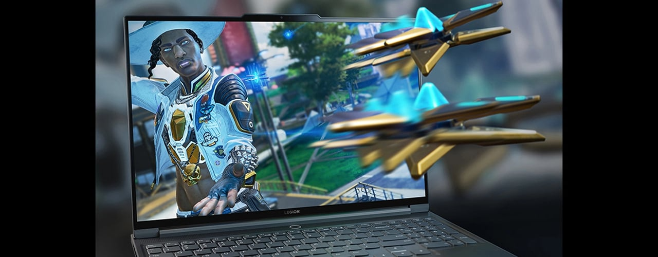 Legion Slim 7 Gen 7 (16'' AMD) gros plan de l’écran avec Apex Legends affiché