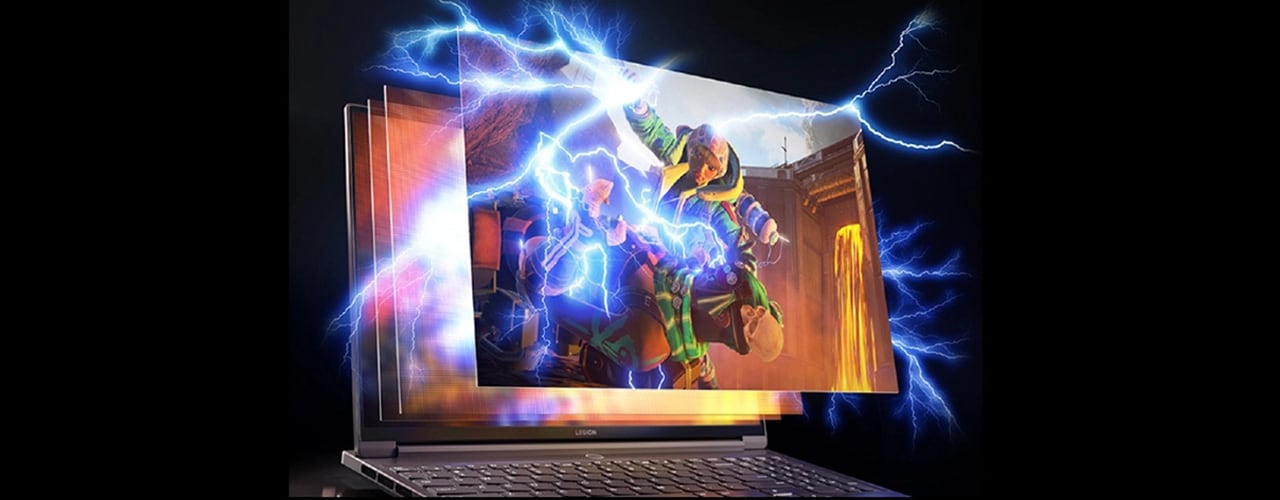 Legion Slim 7 Gen 7 (16'' AMD) ouvert, avec un jeu qui crève l’écran