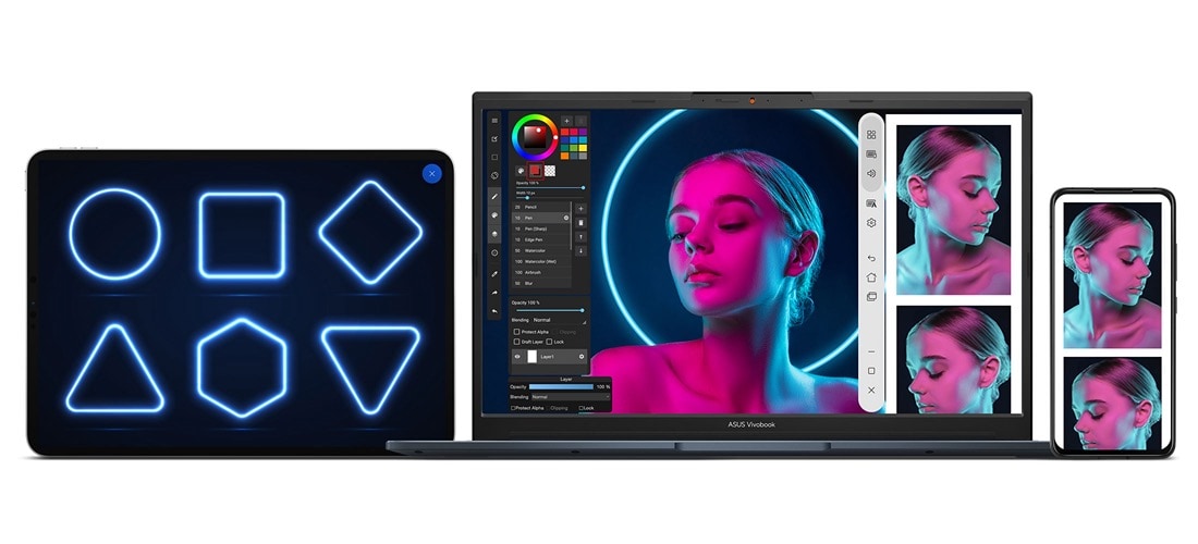 À gauche, une tablette affiche des formes géométriques. Au milieu, un ordinateur portable montrant une photo de la tête d'une femme dans une application d'édition de photos, partagé avec un écran partagé d'un appareil mobile montrant 2 images. À droite, un appareil mobile montrant les 2 images originales.
