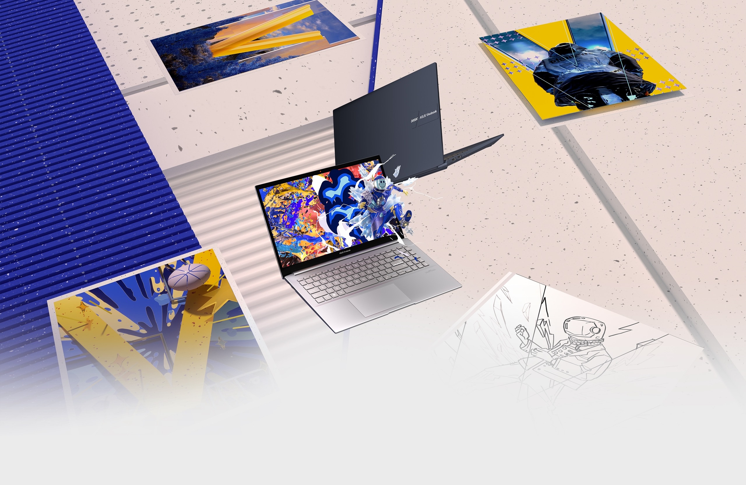 Deux ordinateurs portables Vivobook Pro 15 OLED en vue avant et arrière, l'un montrant une figure bondissant d'un graphique coloré sur l'écran. 