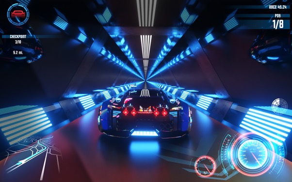 Un jeu de course montre une voiture roulant à toute vitesse sur une route futuriste avec un affichage d'état à l'écran