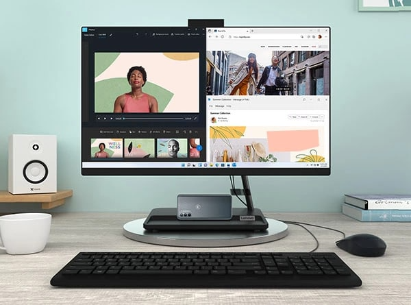 Vue avant du PC tout-en-un IdeaCentre AIO 3i Gen 7 posé sur un bureau.