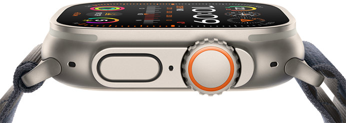 Apple Watch Ultra 2 montrant le boîtier en titane robuste, l'écran plat, la digital crown et le bouton latéral