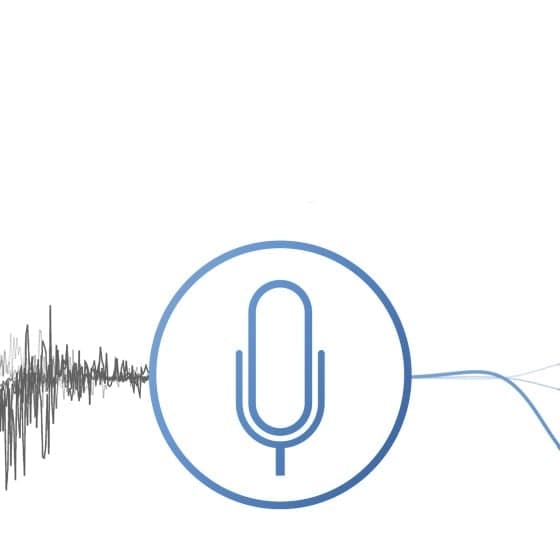 Une icône de microphone est placée au centre et des ondes sonores sont affichées en arrière-plan.