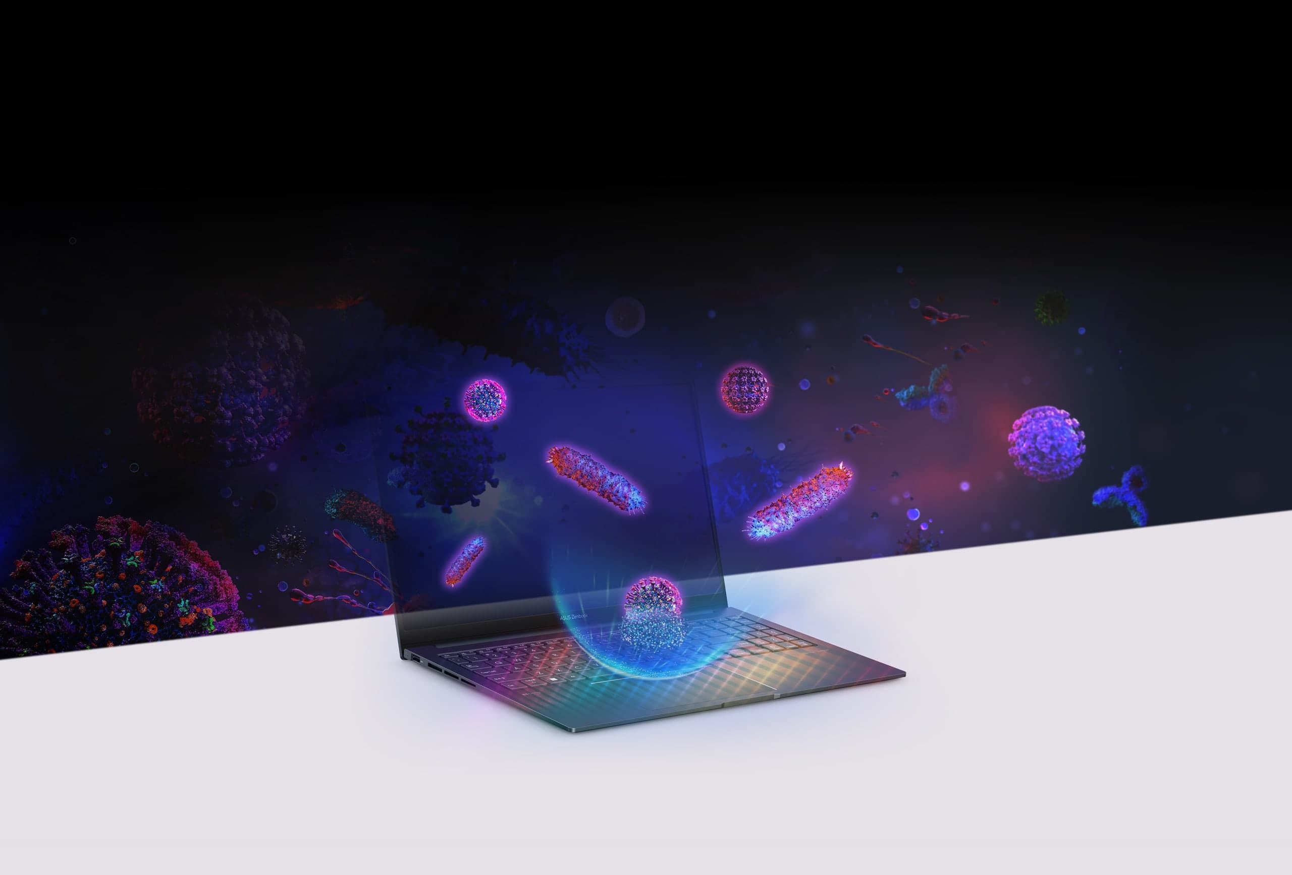 Images 3D de virus et de bactéries détruits au contact du clavier d'un ordinateur portable traité avec la technologie antimicrobienne d'ASUS. 