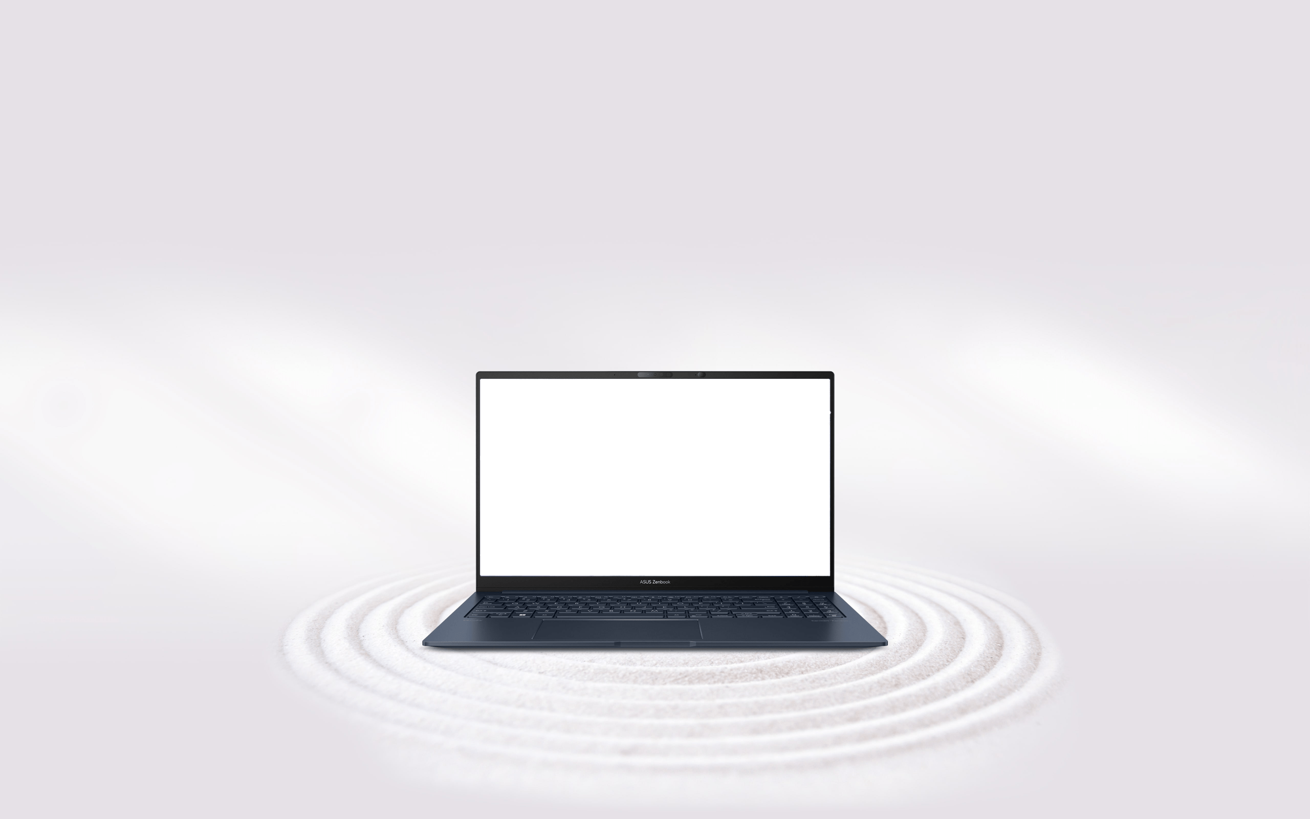 Zenbook 14X OLED ouvert à 90 degrés vu de face, avec interface de lecture de musique sur l'écran.